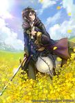  black_hair book boots company_name copyright_name field fire_emblem fire_emblem:_kakusei fire_emblem_cipher flower flower_field full_body gloves holding holding_sword holding_weapon hood hood_down hooded_jacket image_sample jacket long_sleeves looking_away mark_(female)_(fire_emblem) mark_(fire_emblem) official_art pants pisuke purple_jacket short_hair smile solo sword twitter_sample weapon white_pants 