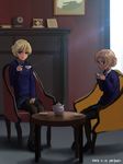  2girls artist_name blazer blonde_hair bloom blue_eyes blue_sweater blurry braid chair clock commentary_request cup darjeeling dated depth_of_field french_braid furukawa_herzer girls_und_panzer ground_vehicle hand_on_lap highres holding holding_cup indoors jacket lens_flare loafers looking_at_viewer mantelpiece mantle_clock military military_vehicle motor_vehicle multiple_girls orange_hair orange_pekoe painting_(object) pantyhose saucer school_uniform shoes sitting st._gloriana's_school_uniform sweater table tank tea teacup teapot window 