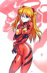  bangs blue_eyes bodysuit bracer breasts contrapposto cowboy_shot drop_shadow eva_02 from_side gloves hair_between_eyes headgear highres holding_arm legs_apart long_hair looking_at_viewer mecha medium_breasts neon_genesis_evangelion number orange_hair pale_skin parted_lips pilot_suit plugsuit shadow shiny shiny_clothes signature skin_tight solo souryuu_asuka_langley standing two_side_up typo_(requiemdusk) white_background 