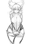  alternate_costume anger_vein angry blush bow breasts clothes_tug contemporary curvy d: greyscale hair_bow hair_ribbon hair_tubes hakurei_reimu large_bow large_breasts looking_at_viewer mazume monochrome open_mouth pants pants_down ribbed_sweater ribbon sketch solo sweater sweater_tug touhou v-shaped_eyebrows wide_hips 