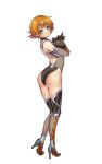  1girl ass backless_outfit bangs bare_shoulders black_gloves blue_eyes breast_lift breasts erect_nipples fishnets full_body gloves high_heels highres igawa_sakura large_breasts leotard looking_at_viewer looking_back orange_hair short_hair simple_background smile solo standing taimanin_(series) taimanin_asagi thighhighs unkobako white_background 