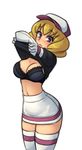  black_bra black_shirt blonde_hair blurry blush bra breasts cowboy_shot domino_(pokemon) gloves hat large_breasts looking_at_viewer miniskirt monorus pokemon pokemon_(anime) purple_eyes shirt shirt_lift simple_background skirt solo striped striped_legwear thighhighs underwear undressing white_background white_gloves zettai_ryouiki 