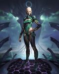  absurdres artist_name bald bald_girl belt bodysuit boots bracelet breasts cleavage earrings full_body green_eyes highres jewelry marvel medium_breasts moondragon nixell science_fiction solo star_(sky) 