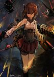  absurdres aircraft bike_shorts bow_(weapon) brown_eyes brown_hair corset crossbow flight_deck headgear highres holding holding_weapon kaamin_(mariarose753) kantai_collection long_sleeves looking_at_viewer machinery pleated_skirt red_skirt short_hair shorts shorts_under_skirt skirt solo taihou_(kantai_collection) twitter_username water weapon 