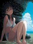  arms_at_sides bare_arms bare_legs bare_shoulders barefoot bikini black_eyes black_hair blue_ribbon blue_sky breasts cave chikuwa_(garakuta_waakusu) cleavage closed_mouth cloud collarbone day front-tie_bikini front-tie_top head_tilt highres horizon knees_up long_hair looking_at_viewer low_twintails ocean original ribbon rock sitting sky small_breasts smile solo summer swimsuit twintails water wet wet_clothes wet_hair wet_swimsuit white_bikini 