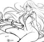  alternate_costume breasts cleavage curvy greyscale grin ground_vehicle hijiri_byakuren jumpsuit large_breasts long_hair mazume monochrome motor_vehicle motorcycle parted_lips scarf sitting sketch smile solo touhou very_long_hair 