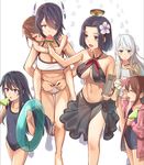  absurdres akatsuki_(kantai_collection) bikini black_hair breasts brown_hair carrying criss-cross_halter eyepatch feeding flower folded_ponytail food fruit hair_flower hair_ornament hairclip halter_top halterneck headgear hibiki_(kantai_collection) highres ikazuchi_(kantai_collection) inazuma_(kantai_collection) innertube kantai_collection kitazawa_(embers) large_breasts long_hair md5_mismatch mechanical_halo multiple_girls open_mouth piggyback popsicle purple_hair short_hair silver_hair sparkle swimsuit tatsuta_(kantai_collection) tenryuu_(kantai_collection) watermelon watermelon_bar yellow_eyes 