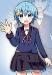  air_(alanais) alternate_costume alternate_hairstyle blue_eyes blue_hair highres kantai_collection minazuki_(kantai_collection) school_uniform serafuku short_hair skirt solo waving zoom_layer 