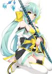  aqua_hair bikini bikini_under_clothes commentary_request fate/grand_order fate_(series) highres horns japanese_clothes kimono kiyohime_(fate/grand_order) kiyohime_(swimsuit_lancer)_(fate) long_hair polearm shiime smile solo swimsuit thighhighs twintails very_long_hair weapon yellow_bikini yellow_eyes 