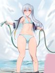  :o bikini closers highres hose long_hair looking_at_viewer open_clothes open_shirt red_eyes school_uniform serafuku sharpheon shirt side_ponytail silver_hair skirt skirt_pull solo striped striped_bikini swimsuit tina_(closers) water 