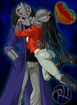  &lt;3 alien boots butt clothing dreadlocks duo fan_character female footwear hug kantra_(predagirl) kashyll_(predaguy) male male/female mask predaguy predator predator_(franchise) romantic_couple tight_pants trenchcoat yautja 