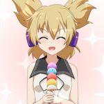  :d ^_^ bare_arms bare_shoulders blonde_hair blush breasts cato_(monocatienus) closed_eyes commentary earmuffs facing_viewer food ice_cream ice_cream_cone open_mouth pointy_hair short_hair small_breasts smile solo sparkle too_many too_many_scoops touhou toyosatomimi_no_miko v-shaped_eyebrows 
