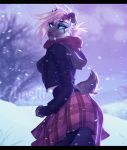  anthro bow clothed clothing fangs felid feline female ghostli hair looking_at_viewer makeup mammal mascara outside snow solo standing watermark 