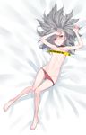  armpits arms_up bangs bar_censor bare_legs barefoot bed_sheet blush caution_tape censored choker closers collarbone dutch_angle flat_chest full_body groin hair_between_eyes hand_on_own_forehead highres keep_out knees_together_feet_apart long_hair long_legs looking_at_viewer lying navel on_back palms panties panty_pull parted_lips ponytail red_eyes red_panties silver_hair solo stomach supernew swept_bangs thigh_gap tina_(closers) topless underwear underwear_only white_background 