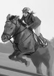  boots commentary_request completion_time equestrian eyelashes formal furukawa_herzer greyscale helmet highres horse hurdle jockey jumping leaning_forward long_hair monochrome motion_blur open_mouth original reins riding_crop saddle sketch skirt suit thighs 
