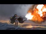  bare_shoulders black_eyes black_hair cannon fire firing furukawa_herzer headgear highres kantai_collection letterboxed long_hair looking_to_the_side midriff military miniskirt muzzle_flash nagato_(kantai_collection) ocean outstretched_arm skirt sky solo thighhighs very_long_hair water 