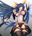  :d arm_up asymmetrical_wings bangs belt belt_buckle black_legwear black_panties blue_hair blue_wings bow breasts buckle buttons capelet covered_nipples cowboy_shot detached_sleeves dizzy eyebrows eyebrows_visible_through_hair from_below gradient gradient_background guilty_gear guilty_gear_xrd hair_between_eyes hand_behind_head highres huge_breasts long_hair long_sleeves looking_at_viewer navel open_mouth panties print_panties red_eyes ribbon shiny shiny_clothes shiny_skin sidelocks smile solo tail tail_bow tail_ribbon takanashi-a thigh_strap thighhighs twintails underboob underboob_cutout underwear very_long_hair white_wings wide_sleeves wings yellow_bow yellow_ribbon 
