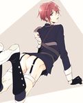  arm_support ass boots bottomless enjin_y garter_straps gloves half_gloves kneehighs legs_up looking_at_viewer looking_back male_focus military military_uniform open_mouth purple_eyes red_hair shinano_toushirou solo touken_ranbu uniform 