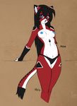  2016 android anthro ara black_hair blue_eyes breasts cat clothing feline female fluff-kevlar hair long_hair machine mammal nipples robot solo thong 