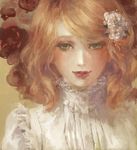  1girl as_(ashes) blonde_hair blush collared_shirt flower frills green_eyes hair_flower hair_ornament original parted_lips red_lips solo wavy_hair 