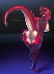  2016 5_fingers anthro anus areola big_breasts breasts butt clothed clothing collar dragon female horn legwear looking_back nipples panties presenting pussy raised_tail scalie simple_background skygracer smile solo standing stockings tagme underwear 