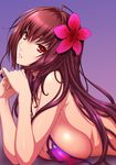  bikini breast_press breasts elbow_rest fate/grand_order fate_(series) flower from_side gradient gradient_background hair_flower hair_ornament hibiscus interlocked_fingers isse large_breasts lavender_background lips long_hair looking_at_viewer lying midriff on_stomach parted_lips purple_background red_eyes red_hair scathach_(fate)_(all) scathach_(swimsuit_assassin)_(fate) sideboob solo swimsuit untied untied_bikini upper_body 