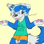  4_fingers blue_eyes blue_fur blue_hair boxers_(clothing) bulge canine chest_tuft clothing dog fur gaokun hair male mammal multicolored_hair pawpads piercing shirt shrugging simple_background solo standing tank_top tongue tongue_out tuft underwear white_fur white_hair 