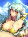  alternate_breast_size alternate_hairstyle aqua_hair bare_shoulders bikini bikini_under_clothes breasts cleavage commentary_request detached_collar fate/grand_order fate_(series) foreshortening hair_ribbon highres horns kiyohime_(fate/grand_order) kiyohime_(swimsuit_lancer)_(fate) large_breasts long_hair long_sleeves looking_at_viewer low_twintails melon22 off_shoulder ribbon smile solo strap_slip swimsuit twintails yellow_eyes yellow_ribbon 
