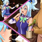  1girl alcohol aqua_(konosuba) bad_id bad_pixiv_id beer_mug blue_eyes blue_hair bottle breasts commentary cum cum_in_container cum_in_cup cup drinking drinking_glass food gokkun hetero holding holding_cup kono_subarashii_sekai_ni_shukufuku_wo! large_breasts long_hair multiple_views nestern open_mouth penis wine wine_bottle 