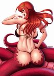  2016 ass backboob bikini black_bikini blush breasts cowboy_shot dimples_of_venus from_behind hair_ornament hairclip hand_on_hip impossible_clothes impossible_underwear lamia large_breasts long_hair mario_constantino_aviles miia_(monster_musume) monster_girl monster_musume_no_iru_nichijou open_mouth pointy_ears red_hair scales signature simple_background slit_pupils solo swimsuit white_background yellow_eyes 