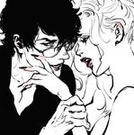  1boy 1girl as_(ashes) black_eyes black_hair black_nails blue_eyes breasts cleavage clothed_male_nude_female eye_contact from_side glasses looking_at_another monochrome nail_polish open_mouth original parted_lips spot_color upper_body v-neck white_background wrist_grab 
