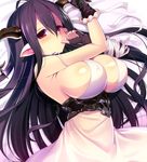  bandages bare_shoulders bed_sheet black_gloves black_hair blush breasts covered_nipples danua draph dress gloves granblue_fantasy hair_between_eyes highres horn_ornament horns kyoku_tou large_breasts long_hair pointy_ears red_eyes solo strap_slip thumb_sucking white_dress 