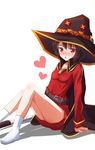  akira_(been0328) belt black_hair blush fingerless_gloves gloves hat heart highres kono_subarashii_sekai_ni_shukufuku_wo! looking_at_viewer megumin red_eyes short_hair simple_background sitting solo staff witch_hat 