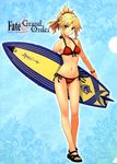  absurdres bikini blonde_hair breasts collarbone copyright_name fate/apocrypha fate/grand_order fate_(series) green_eyes groin high_ponytail highres holding konoe_ototsugu long_hair mordred_(fate)_(all) mordred_(swimsuit_rider)_(fate) navel official_art ponytail red_bikini scan side-tie_bikini small_breasts solo swimsuit 