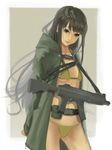  aqua_eyes beige_background bikini black_hair border breasts commentary_request completion_time furukawa_herzer green_coat gun head_tilt highres lips long_hair looking_at_viewer original simple_background small_breasts solo strap submachine_gun swimsuit tactical_clothes very_long_hair weapon weapon_request yellow_bikini 