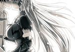  1girl armor belt bloom blush breasts capelet chain closed_eyes couple fate/grand_order fate_(series) from_side fujimaru_ritsuka_(male) gauntlets greyscale headpiece hetero jeanne_d'arc_(alter)_(fate) jeanne_d'arc_(fate)_(all) kiss large_breasts long_hair monochrome nose_blush profile sanmotogoroo sweat upper_body white_background 