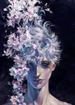  1boy androgynous artist_name as_(ashes) blue_eyes cherry_blossoms eyelashes flower male_focus original solo tareme wavy_hair white_hair wind 