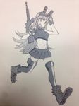  arai_hiroki bad_id bad_twitter_id boots gloves gun holster long_hair midriff muzzle_(trigger) navel sketch skirt smile solo thigh_holster thighhighs traditional_media trigger_(company) walking weapon 