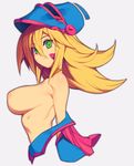  areolae bad_id bad_pixiv_id blonde_hair breasts closed_mouth dark_magician_girl duel_monster from_side green_eyes grey_background hair_between_eyes helmet large_breasts long_hair metata open_clothes serious simple_background solo undressing upper_body yuu-gi-ou yuu-gi-ou_duel_monsters 