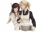  animal_hood apron bad_id bad_twitter_id bangs black_shirt blonde_hair blue_eyes brown_eyes brown_hair bunny_hood buttons collared_shirt cooking d.va_(overwatch) facepaint facial_mark fingernails hair_ornament hair_tie headphones holding holding_arm hood hooded_jacket hoodie jacket ladle lips long_sleeves looking_at_another mercy_(overwatch) mo_(ine_mao) multiple_girls nose open_mouth oven_mitts overwatch parted_lips pink_lips ponytail pot profile shirt simple_background upper_body whisker_markings white_apron white_background white_jacket 