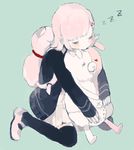  closed_eyes danganronpa flipped_hair hair_ornament hug kneeling monomi_(danganronpa) nanami_chiaki okara_(cacacerulean) robot school_uniform short_hair sleeping super_danganronpa_2 