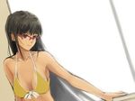  arm_support bikini black_hair brown_eyes commentary_request completion_time furukawa_herzer glasses highres indoors long_hair looking_at_viewer original red-framed_eyewear solo swimsuit upper_body very_long_hair window windowsill yellow_bikini 