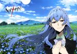  absurdres artist_request blue_flower blue_hair closed_mouth cloud copyright_name day field flower flower_field grey_eyes hands_together highres kiznaiver long_hair looking_at_viewer outdoors portrait smile solo sonozaki_noriko 