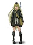 bag blonde_hair blue_eyes boots camouflage_jacket commentary_request completion_time full_body furukawa_herzer garrison_cap gun hat highres kneehighs long_hair messenger_bag military original rifle shoulder_bag simple_background skirt solo very_long_hair weapon white_background 