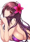  bikini breast_press breasts elbow_rest fate/grand_order fate_(series) flower from_side hair_flower hair_ornament hibiscus interlocked_fingers isse large_breasts lips long_hair looking_at_viewer lying midriff on_stomach parted_lips red_eyes red_hair scathach_(fate)_(all) scathach_(swimsuit_assassin)_(fate) sideboob simple_background solo swimsuit upper_body white_background 
