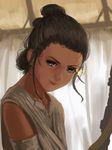  brown_hair commentary_request completion_time curtains furukawa_herzer green_eyes highres indoors lips rey_(star_wars) ringlets robe sidelocks smile solo sparkling_eyes staff star_wars star_wars:_the_force_awakens sweat 