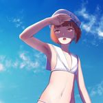  adapted_costume armpits bangs beret bikini bikini_bottom bikini_top blue_sky blunt_bangs brown_eyes brown_hair chromatic_aberration cloud commentary_request crop_top day flat_chest hand_to_forehead hat kantai_collection navel open_mouth sailor_bikini sailor_collar sailor_hat shade shading_eyes shadow short_hair sketch sky solo swimsuit upper_body white_bikini white_hat yue_(tada_no_saboten) z3_max_schultz_(kantai_collection) 