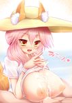 animal_ears blush breasts cum cum_on_body cum_on_breasts cum_on_upper_body ears_through_headwear fangs fate/extra fate/grand_order fate_(series) fox_ears fox_tail hat heart kane-neko large_breasts nipples open_mouth paizuri pink_hair shirt solo_focus sun_hat tail tamamo_(fate)_(all) tamamo_no_mae_(fate) tamamo_no_mae_(swimsuit_lancer)_(fate) translation_request white_shirt yellow_eyes 