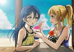  :o ayase_eli bangs beach bikini blonde_hair blue_eyes blue_hair day feeding flower hair_between_eyes halterneck long_hair looking_at_another love_live! love_live!_school_idol_project multiple_girls polka_dot polka_dot_bikini polka_dot_scrunchie ponytail scrunchie shaved_ice signature smile sonoda_umi suito swimsuit yellow_eyes yuri 