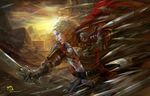  a_song_of_ice_and_fire armor artist_name axe blonde_hair cape cloud deviantart_sample gauntlets gloves image_sample jaime_lannister male_focus mountain open_mouth polearm sky solo spear sword teeth teiiku_(artist) weapon 